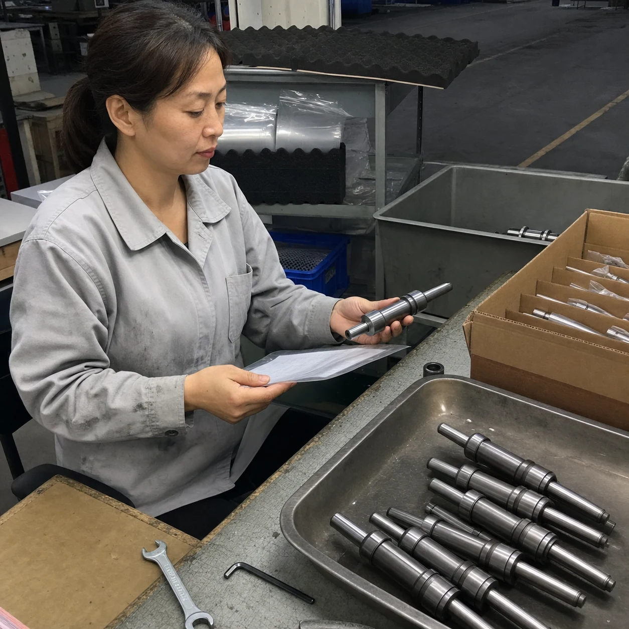 45钢精密传动轴全检后在包装区准备随货样件与检验资料