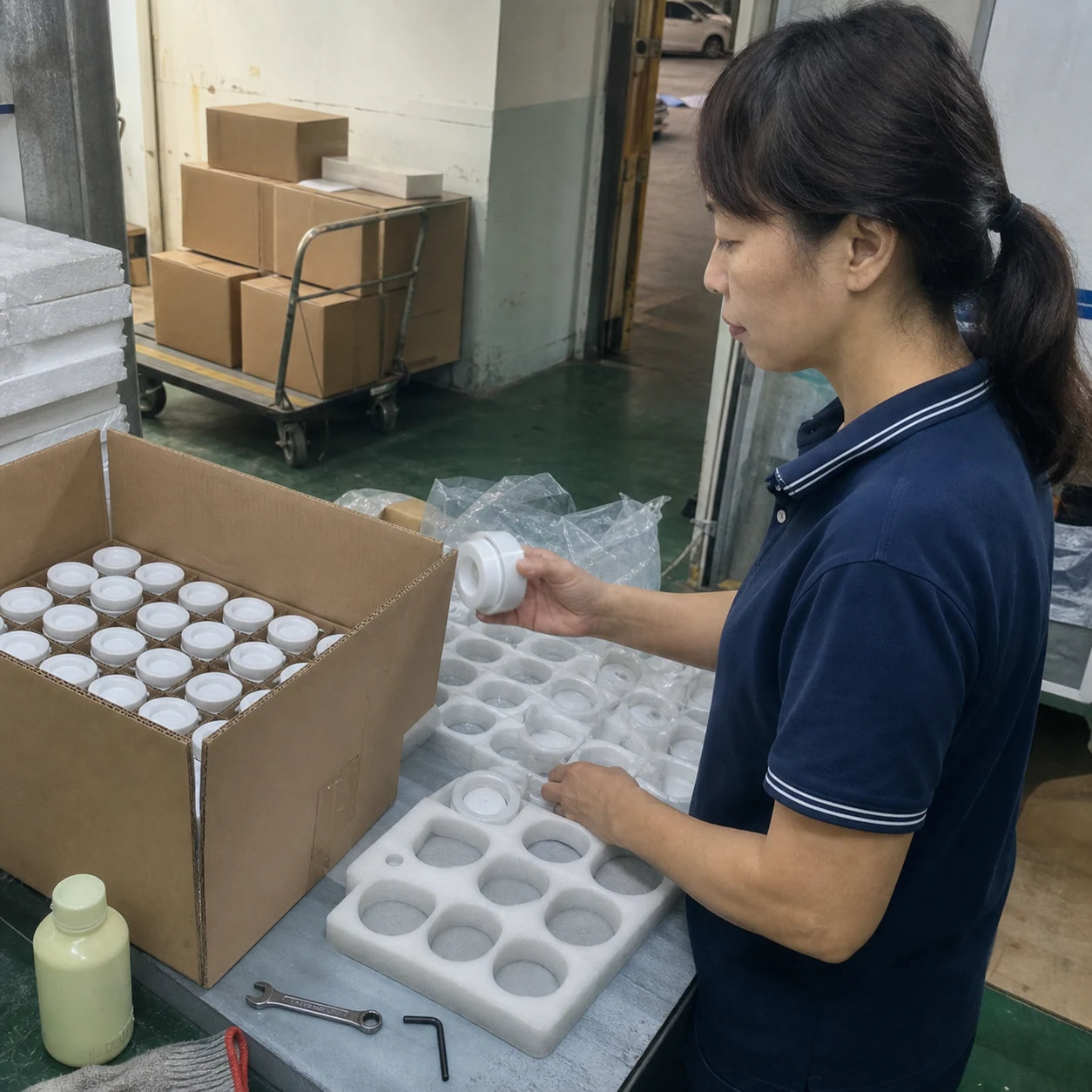 POM密封压盖装配保压后装箱发货与现场证据